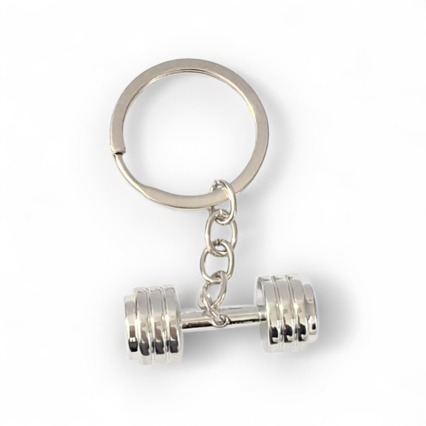 Метален ключодържател с мини дъмбел – хромиран дизайн  – Символ на сила ,  Онлайн магазин за ключодържатели